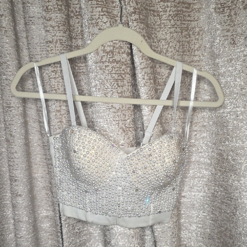 Embellished White Pearl And Crystal Bustier Top